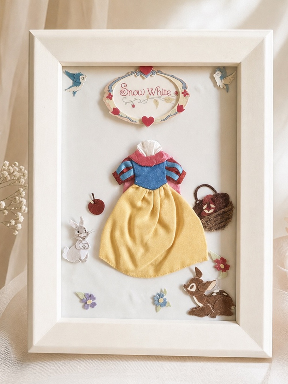 Handmade Snow White Mixed Media Wall Art in Yellow, Blue & Pink